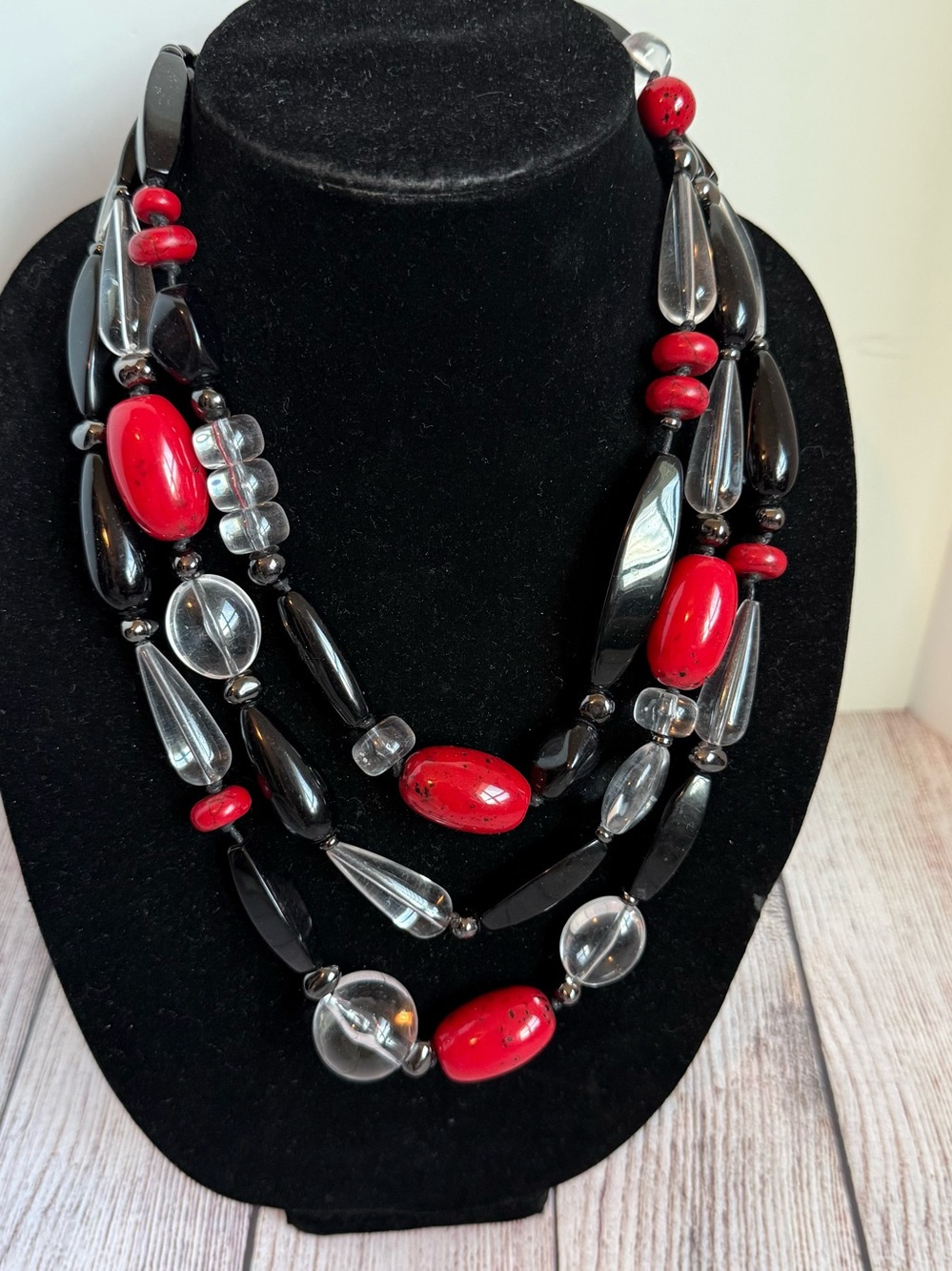 CHICO’S Multi Strand Statement Necklace Black & Red Beads